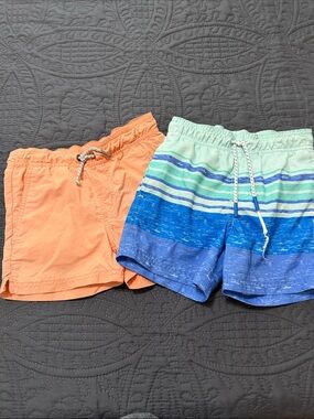 Kids Swim Trunks - Orange Solid & Blue Stripe Swim Shorts